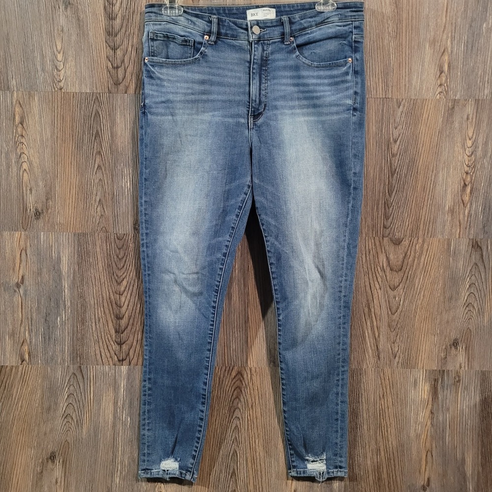 BKE Buckle Parker High Rise Skinny Jeans 32 x 29.5 Medium Wash Distressed Ankle